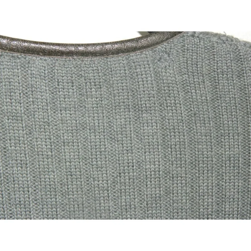 Tory Burch Sweater Cardigan Size Large Gray Wool‎ Leather Trim Round Neck Zip Up